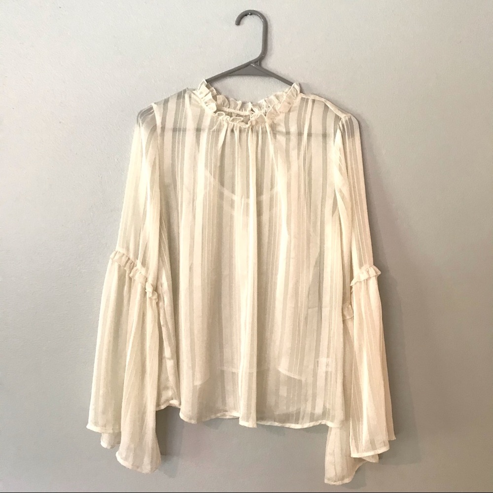 LAST CHANCE: Semi-sheer Cream Bell-sleeve Boho Top - Picture 2 of 8